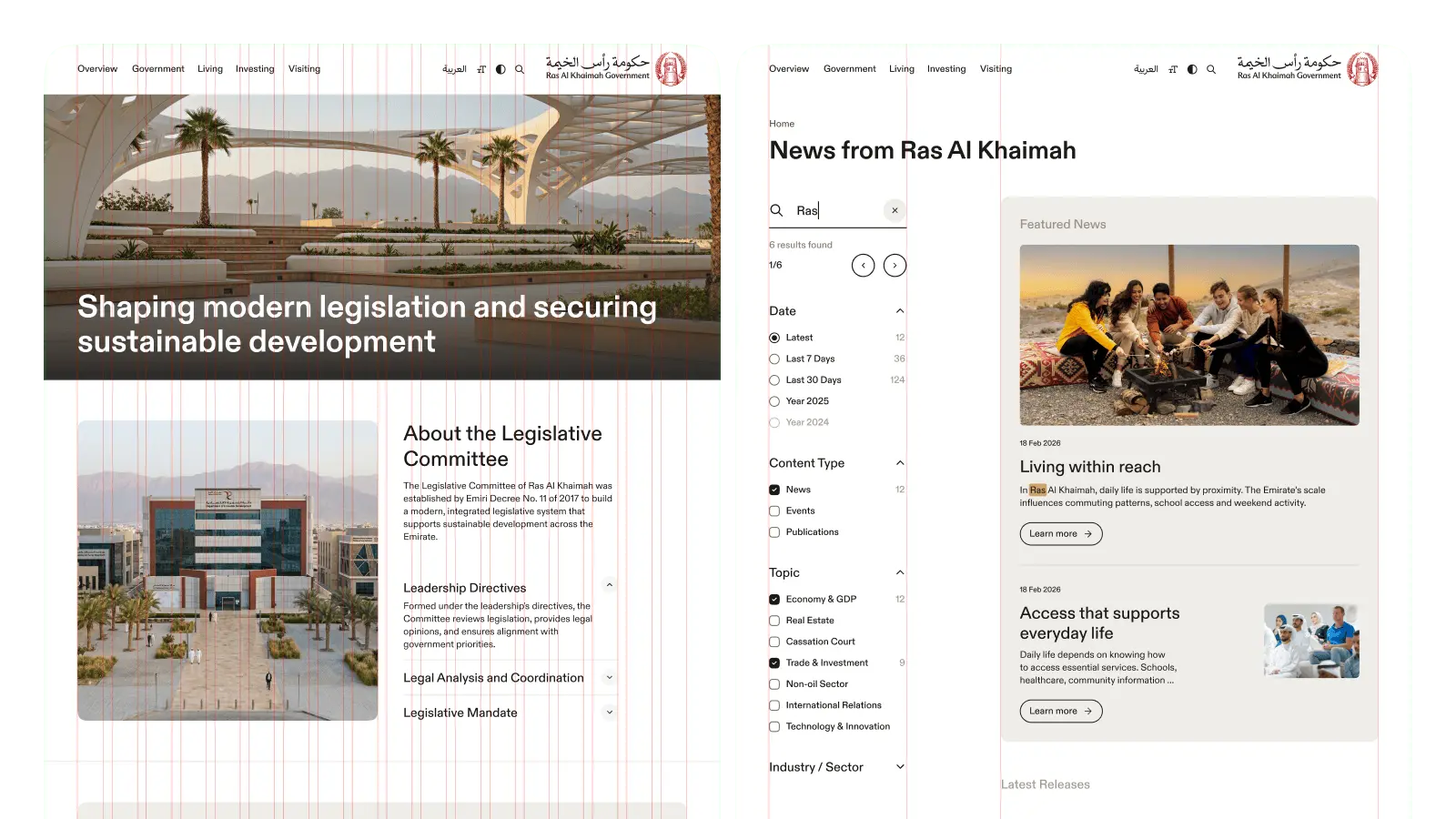 Two grid systems overlaid on rak.ae pages